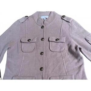 Tory Burch Military Utility Sweater Jacket Cardigan Taupe Logo Buttons Womens M